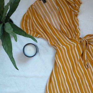 Forever 21 Stripe Yellow Wrap Dress - Small